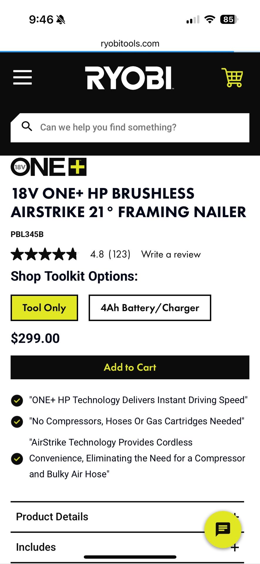 Used Ryobi PBL345B 18V ONE+ HP BRUSHLESS AIRSTRIKE 21° FRAMING NAILER (Tool only)