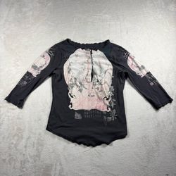 VINTAGE Lucky Brand Shirt Women’s Black Distress Kyoto Japanese Temple 90s #6 A