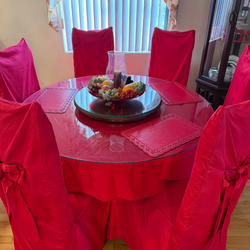 Glass Top Dining Table Set – 6 Chairs, Mahogany Base