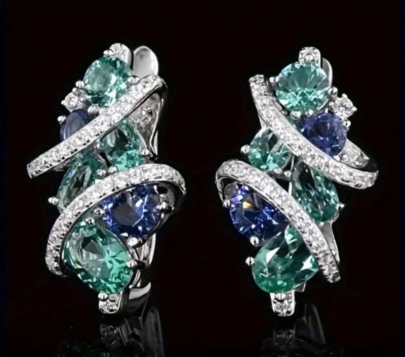 Elegant Sapphire Blue & Green 14K White Gold-Plated Cubic Zirconia Earrings