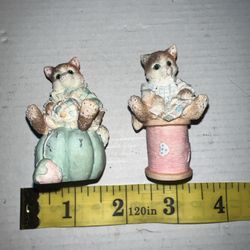 Two Enesco Rare Calico kittens Cat on pin cushion thimble And Spool figurines