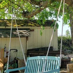 Blue Wooden Hanging Swing Tree Porch With Rope 