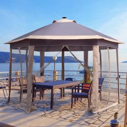 12 ft x 10 ft Khaki 2-Tier Lighted Pop-Up Gazebo Tent with Solar LED Light and Zipper Net for Patio