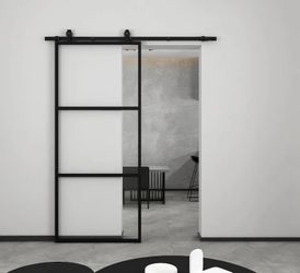 Brand New, Glass Metal Barn Door With Hardware