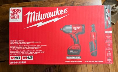 Milwaukee M1 18 brushless half inch high torque impact wrench and M2 3/8 inch ratchet kit