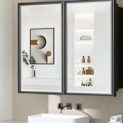 36 in. W x 32 in. H Rectangular KBlack Metal Framed Beveled Surface Mount/Recessed Medicine Cabinet with Mirror