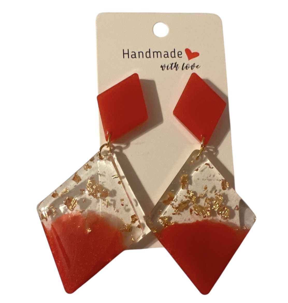 Earrings Resin Beautiful Red And Clear Gold Glitter