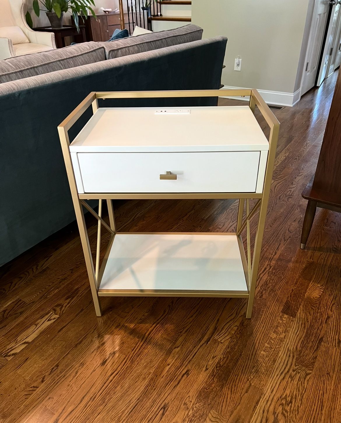 SIDE TABLE Plug & USB CHARGER WHITE & GOLD End Bedside Drawer Shelf Glam 30h x 24w x 18d Feel free to ask questions.