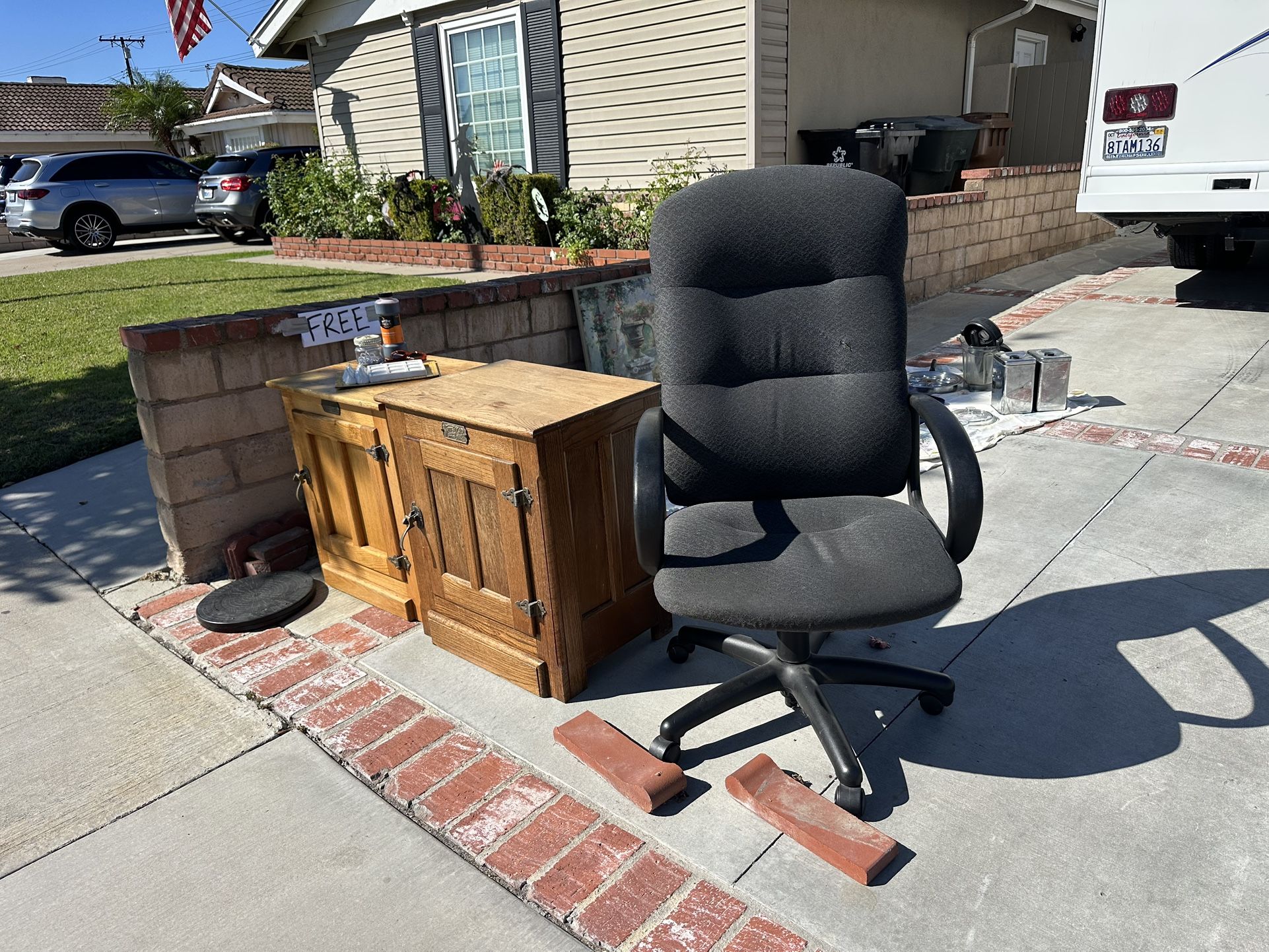 Vintage Wood Ice Chests, Office Chair and Misc Kitchen And Household Items 