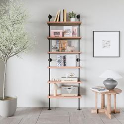 Pipe Industrial Shelves, Wall Mounted Wood Metal Ladder Rustic Bookshelf