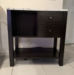 Wood Bar Desk Counter With Drawers, Dark Brown And White Marble Surface