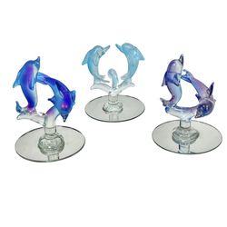 Art Glass Jumping Dolphin Figurines Mirror Base Handmade Ornaments Lot of 3