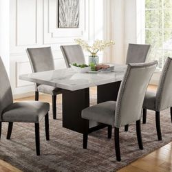 Marble Dining Table Set With 6 Grey Fabric Dining Chairs