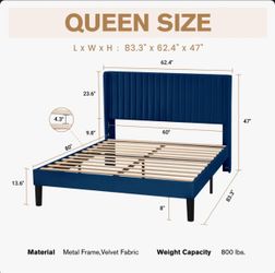 Blue velvet upholstered queen bed frame and mattress - $250