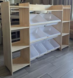 New Kids Toy Organizer with Bookshelf, 4-Tier W/8 Removable Storage Bins, Solid Wood Bookshelf and Toy Storage for Study Room, Kids Room, Classroom