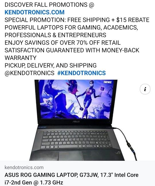 ASUS ROG GAMING LAPTOP, G73JW, 17.3" Intel Core i7-2nd Gen @ 1.73 GHz (16GB RAM, 500GB SSD + 1TB HDD) NVIDIA GeForce GTX 460M - Windows 10 - CD/DVD