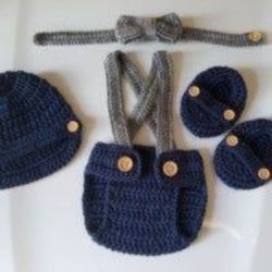 Crochet Baby Boy Suspenders Newsboy Hat Diaper Cover Outfit Photo Prop 