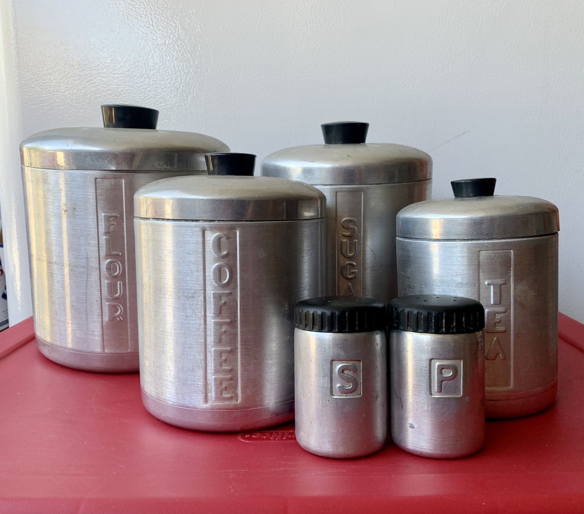 Vintage Matching Kitchen 6 Aluminum Flour Sugar Coffee Tea Canister Set