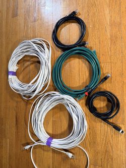 Lot of 5 Ethernet Network Cables, Including White Flat CAT7 Cords