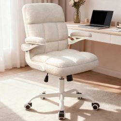 Office Chair with Wheels, Ergonomic Home Office Computer Chair with Flip-up Armrest, Comfy Adjustable Rolling Desk Chair Teddy Fleece – Beige