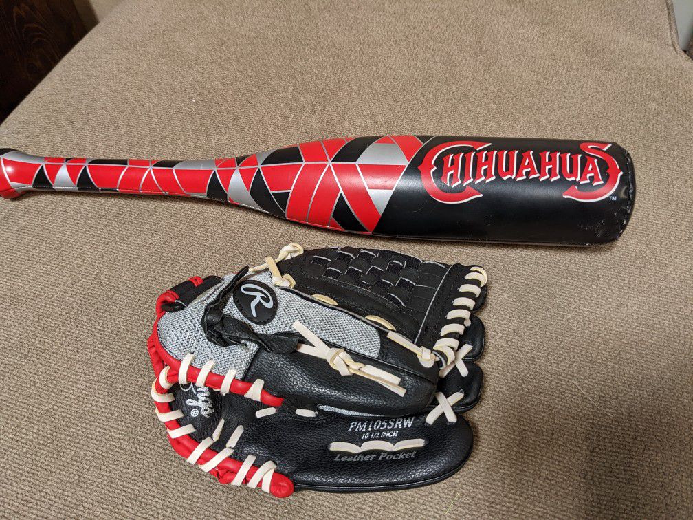 10 1/2 Inch Baseball Glove And Rubber Bat