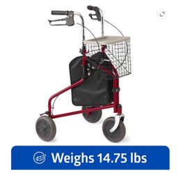 Medline Rolling Walker, 3-Wheeled Rollator with Seat and 8-In Wheels, Red, 275-lb Capacity, Steel, Includes Tray