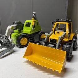 Two (2) Battat Driven Toy Vehicles - forklift truck telehandler green Toy Truck & Yellow Backhoe Loader w/Moving Parts & Sounds