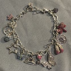 Handmade Sterling Silver Crystal & 14kt Yellow Gold Girls / Teens Charm Bracelet Valentines Day