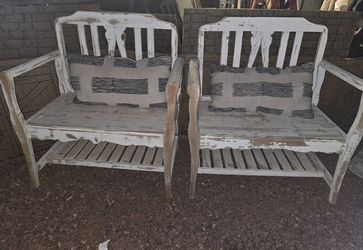 Pair of vintage Distressed White Wooden Benches