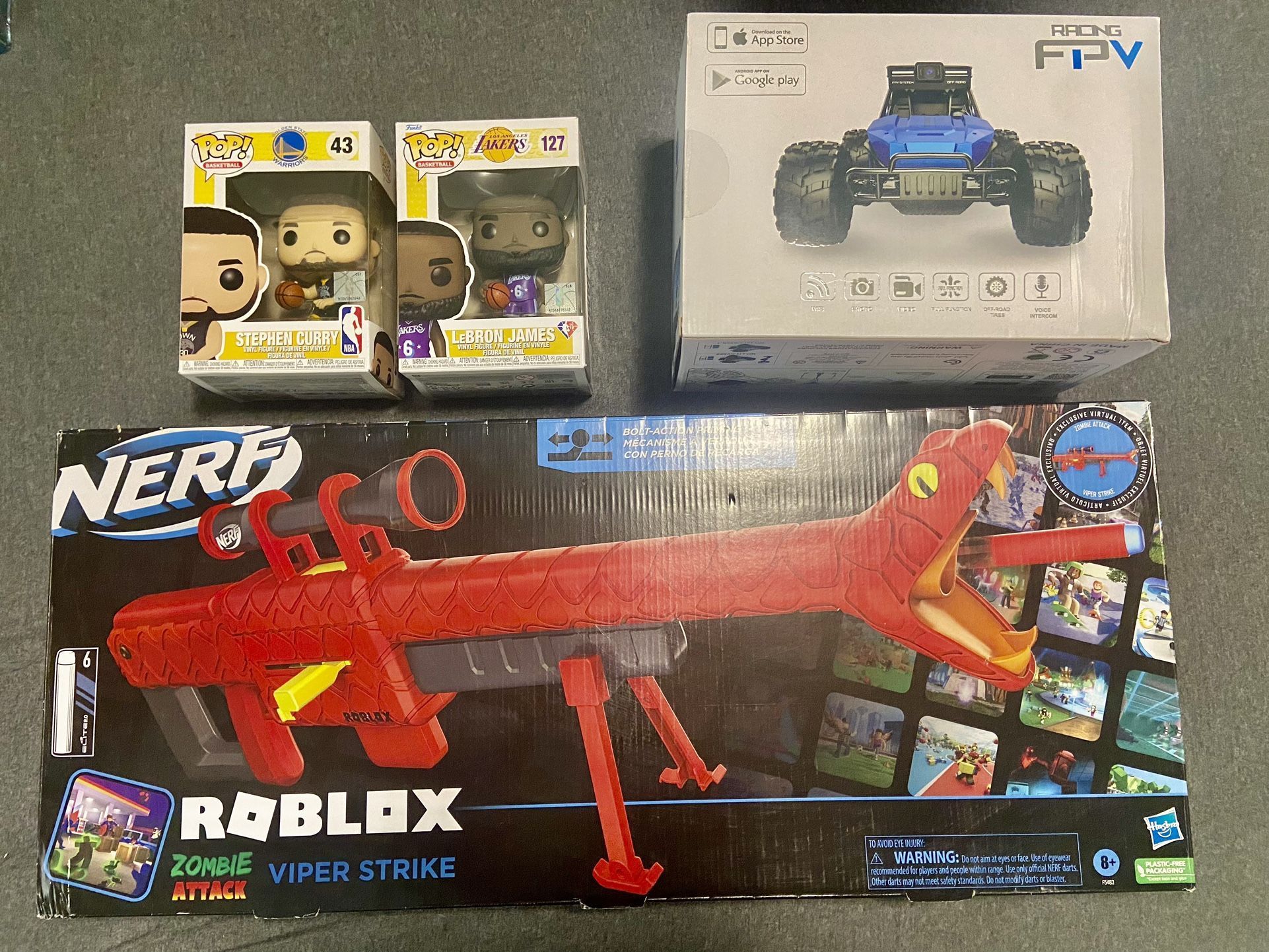 Steph Curry & Lebron James Funko Pops, Roblox Nerf Gun (8+), Remote Control Car (6+)