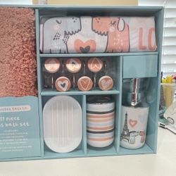 17 Piece Kids Bathroom Set Shower Curtain Rug Toothbrush Holder Dish Rings