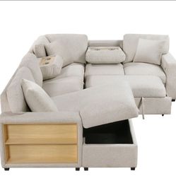 Beige SLEEPER SECTIONAL with USB PORTS AND CUPHOLDERS AND STORAGE AND SHELVES