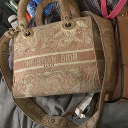 Christian Dior Handbag Vintage Vinyl Embroidered Letters Cream And Pink 