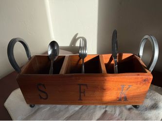 Brand New Rustic Wooden Flatware Caddy with Horseshoe Handles