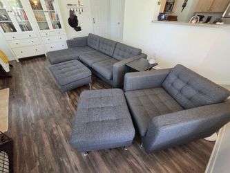 Full MORABO Living Room set - Couch w/ Chaise Lounge & Chair & Ottomans - Grey from IKEA.
