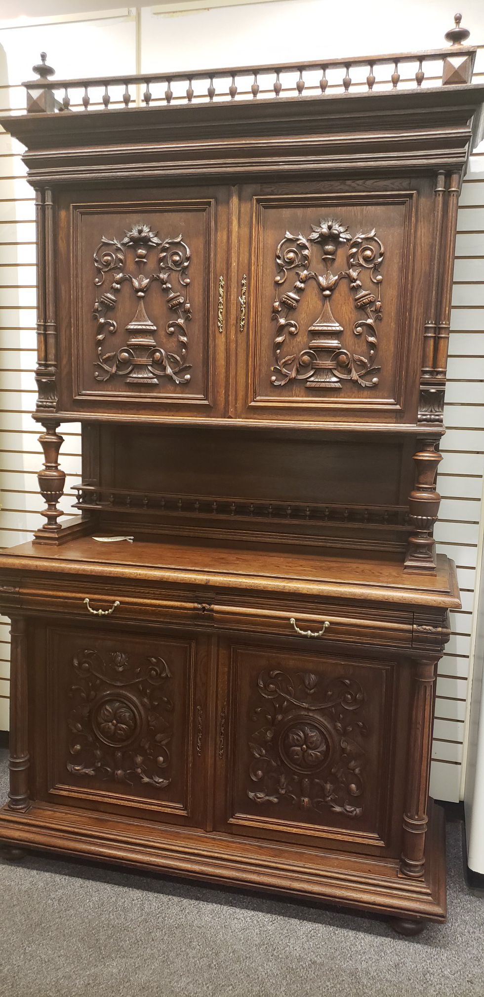 Antique French Gothic Carved Oak Kitchen Dresser, Cabinets, Sideboard