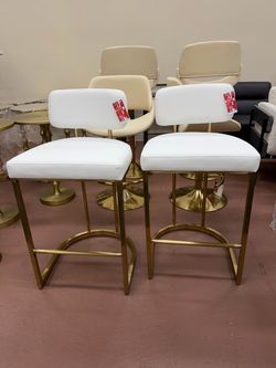 White Faux Leather Bar Stools with Gold Frame – Set of 2