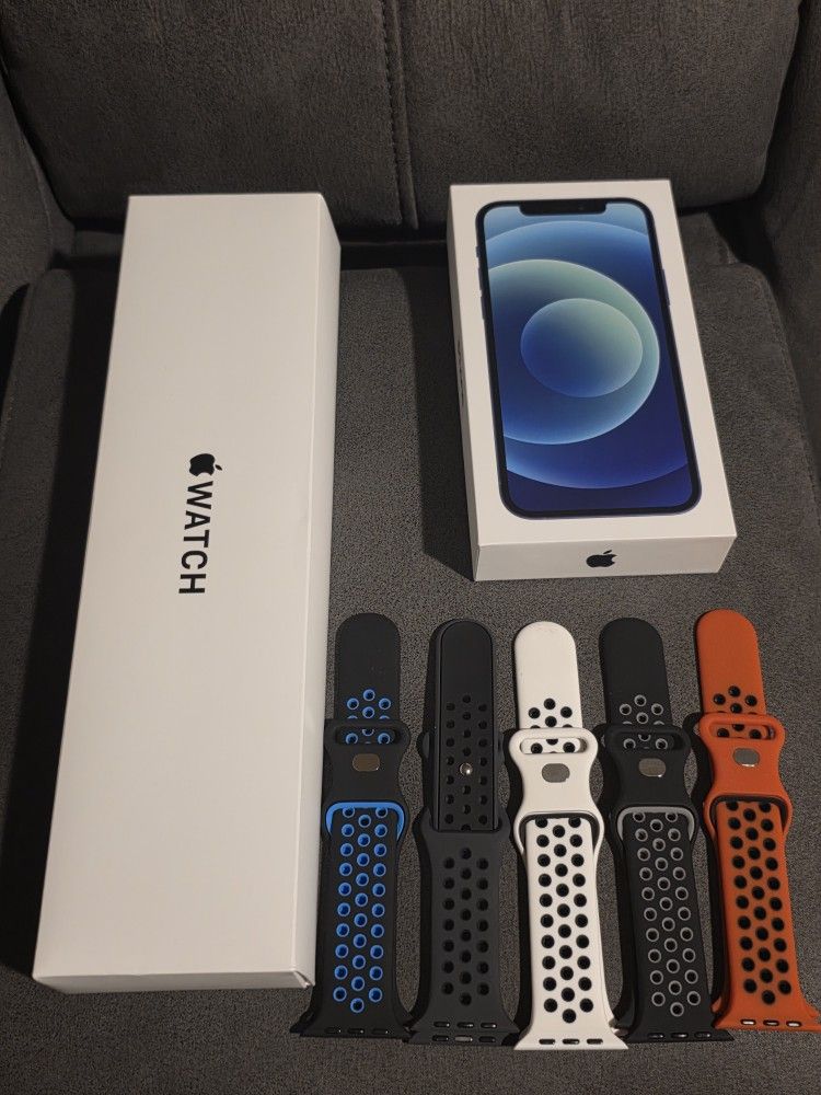 iPhone 12 Unlocked 128gb And Apple Watch SE With Bands.