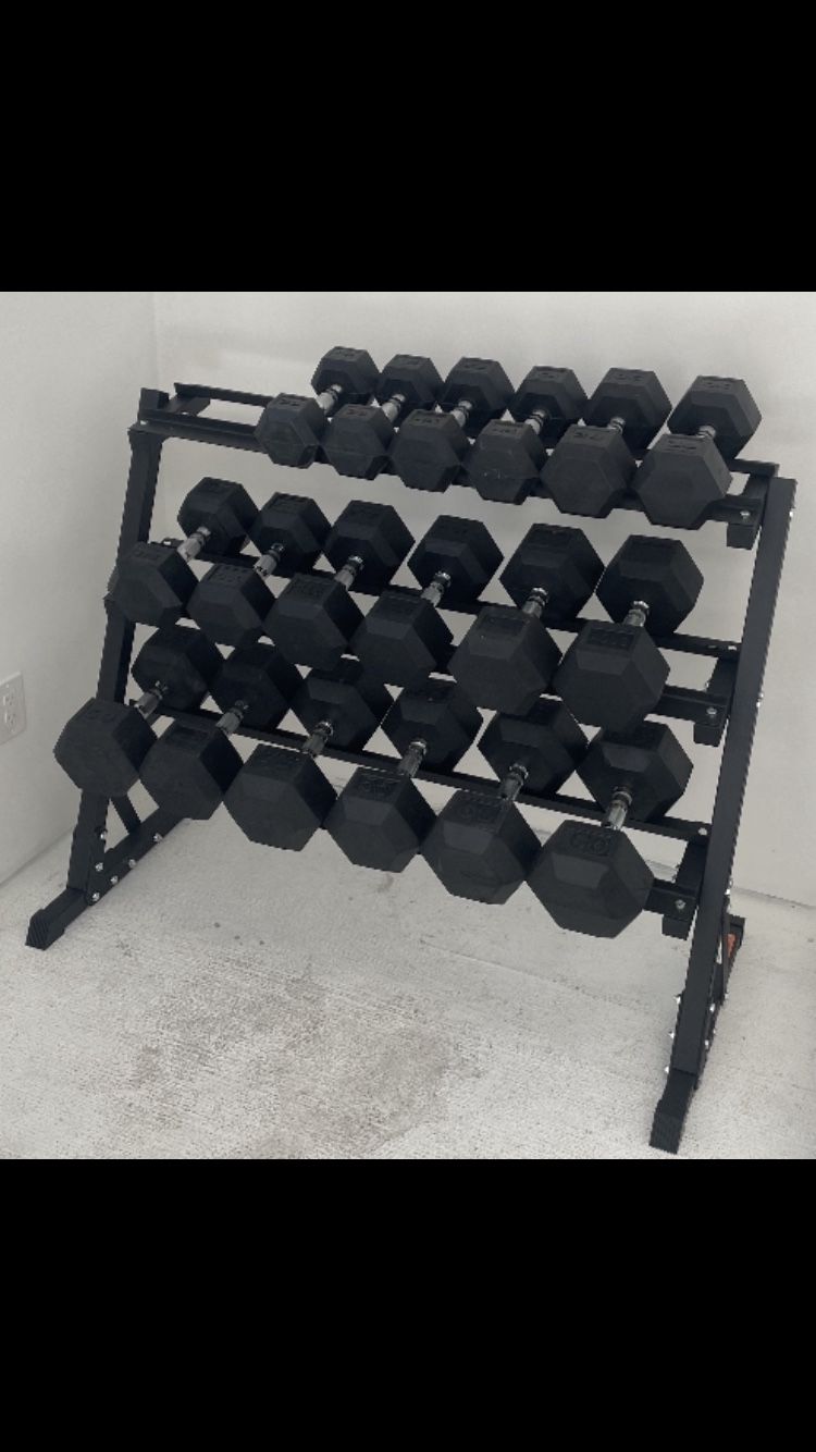 Brand New Complete Set Of 10 Pairs Of Rubber Hex Dumbbells 5’s To 50’s With 3 Tier Rack To Store All