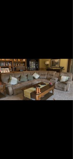 Beige L Shaped Sofa with 2 automatic recliners