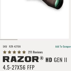 Vortex Razor HD Gen II
4.5-27x56 FFP MRAD ERB