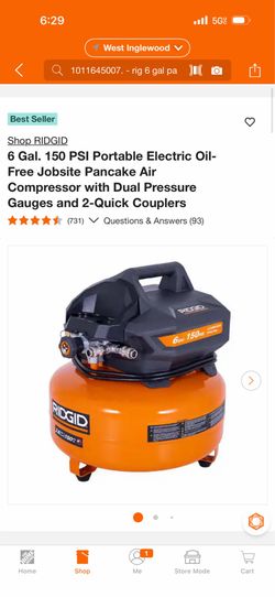 RIDGID 6 Gal. 150 PSI Portable Electric Oil-Free Jobsite Pancake Air Compressor with Dual Pressure Gauges and 2-Quick Couplers