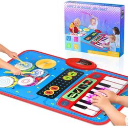 2-in-1 Musical Mat Toys for 1 2 3 4 5 Year Old, Piano Keyboard & Drum Set with 2 Drum Sticks, Early Educational Musical Learning Toys Birthday for 1 2