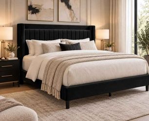 King bed Size Platform Bed Frame with Charging Station & Storage Headboard, Upholstered Velvet Wingback Design & USB Port, Strong Wooden Slats Support