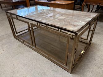 Hollywood Regency Style Marble Illusion Glass Top Coffee Table with Open Gold Tone Frame