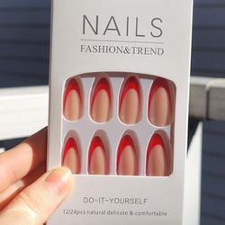 Medium Almond Press-on Nails with Red French Tips