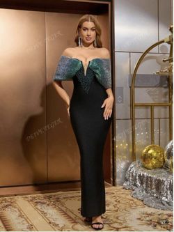 Black Beading Contrast Off Shoulder Design Bodycon