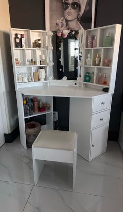 Modern White Corner Vanity With Stool