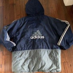 XL Vintage Men's Adidas Blue 100% Nylon Puffer Jacket Coat Drawstring Hood  XL Zip