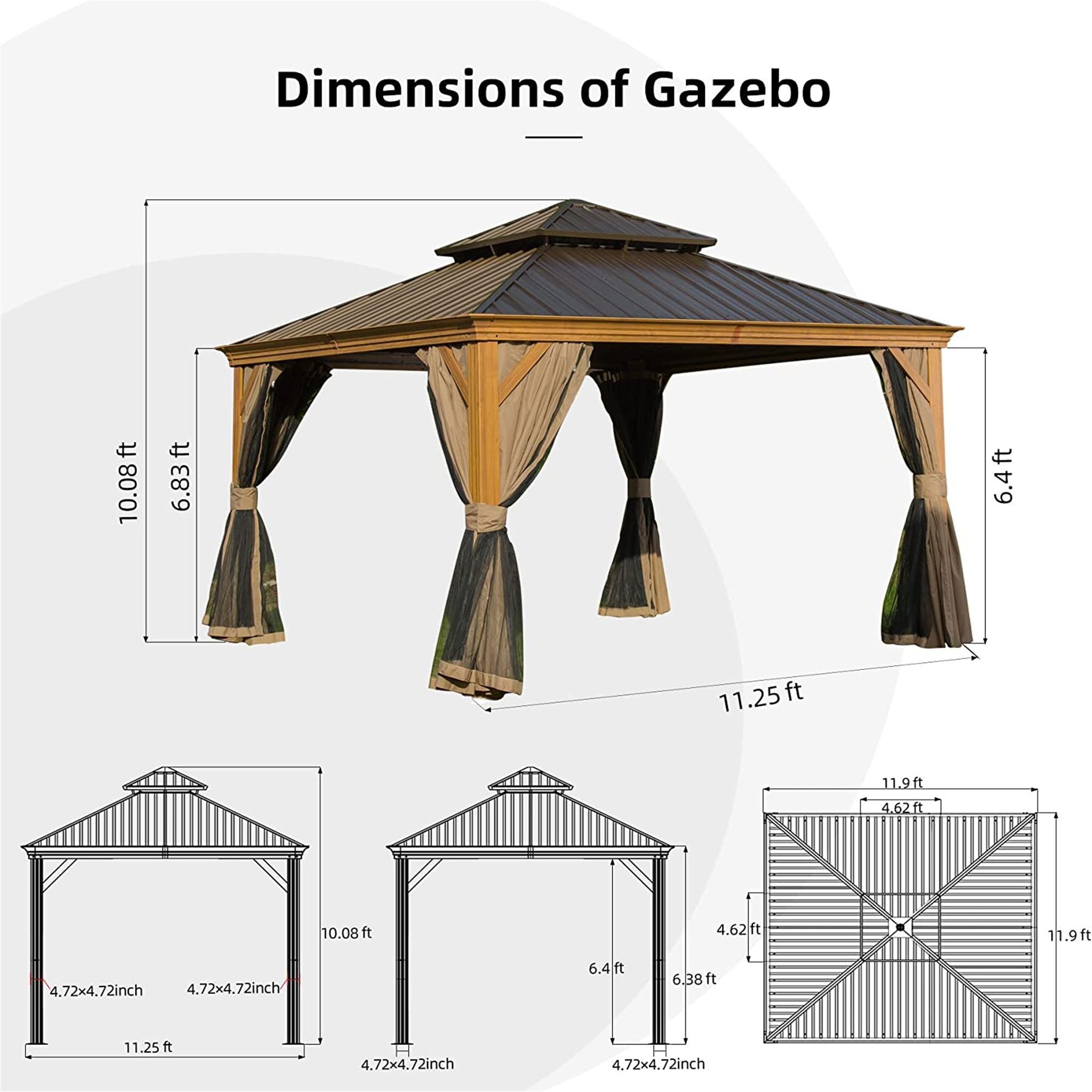 12'x12' Hardtop Gazebo, Wooden Coated Aluminum Frame Canopy with Galvanized Steel Double Roof, Outdoor Permanent Metal Pavilion with Curtains and Nett